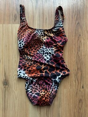 Vintage One-Piece Swimsuit in Orange, Black, Cream and Red-Orange Leopard